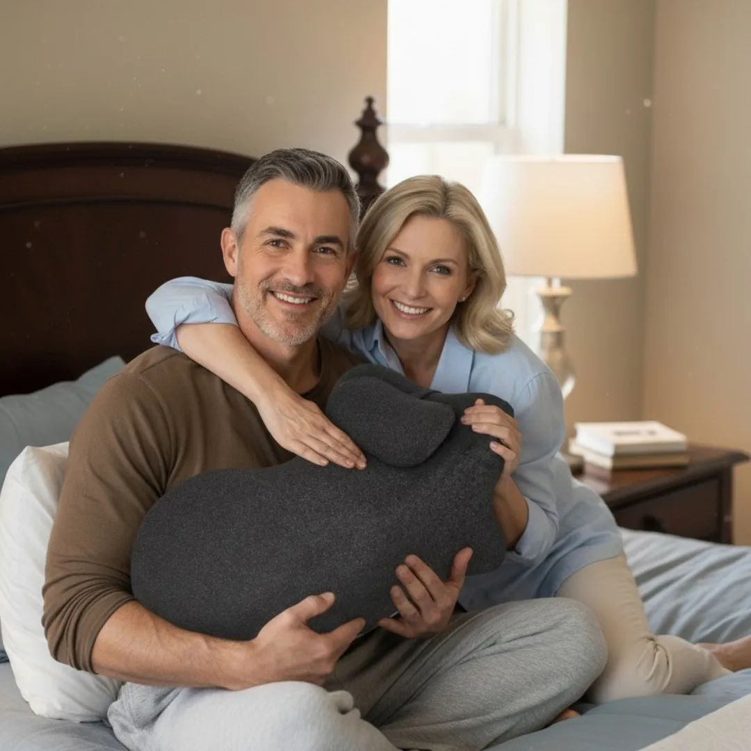 couple cuddling with pillow